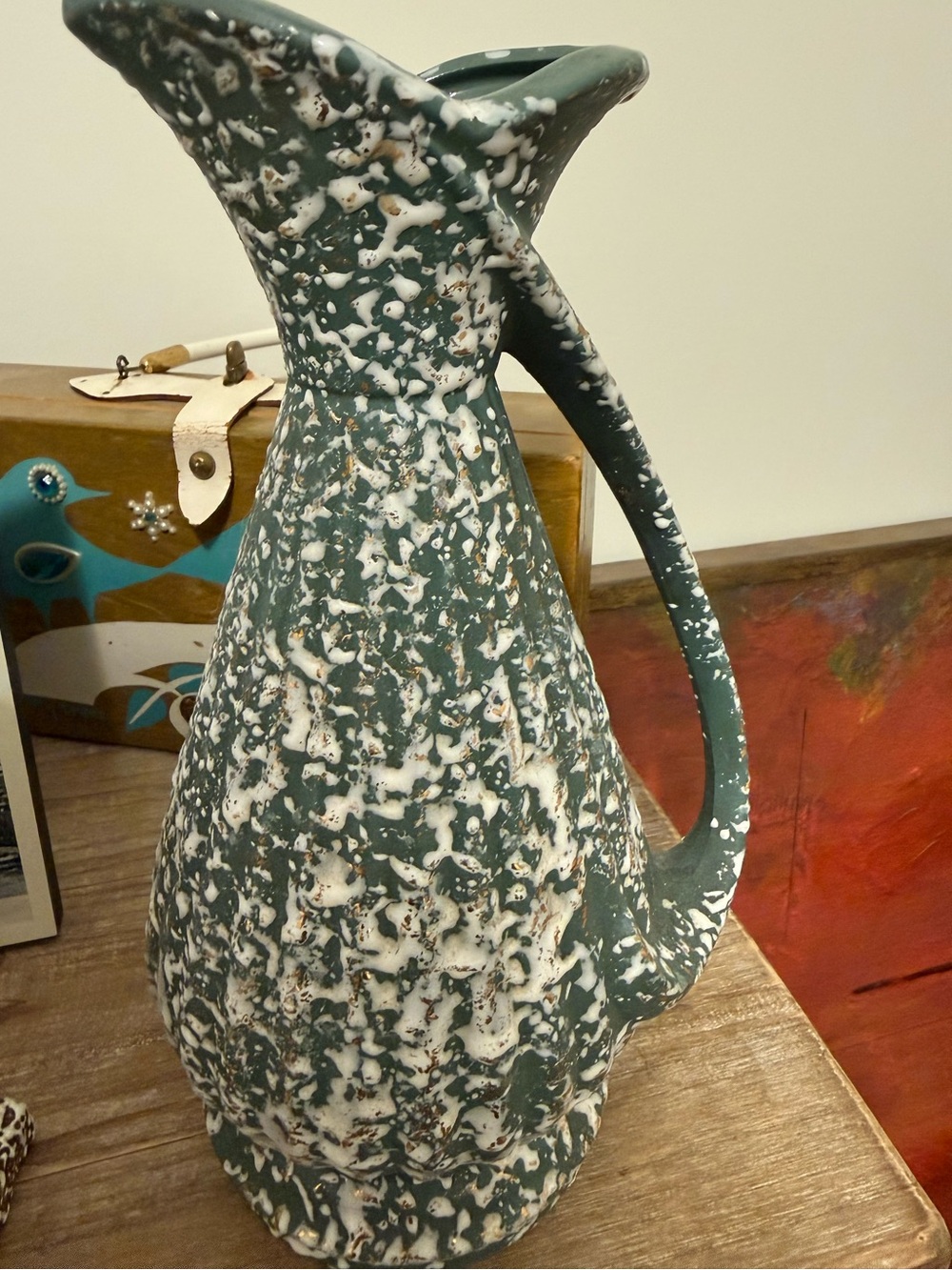 Savoy Pottery Pitcher Vase Textured 24K Gold Splatter Signed, 12 1/4" Tall